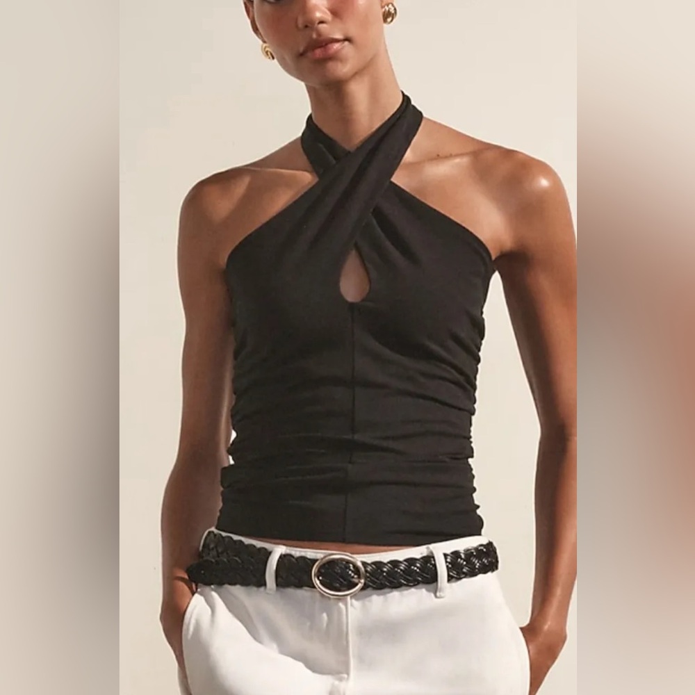 Beige Black Y2K Halter Top with Boho Buckle Detail - Picture 5 of 7
